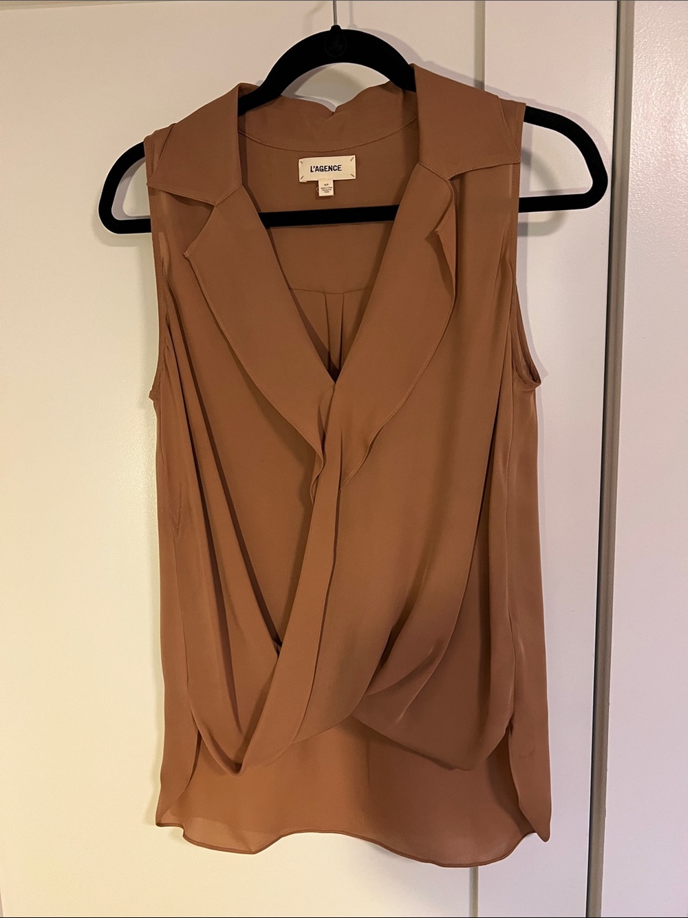 L'AGENCE Draped Sleeveless SILK Top in Cognac